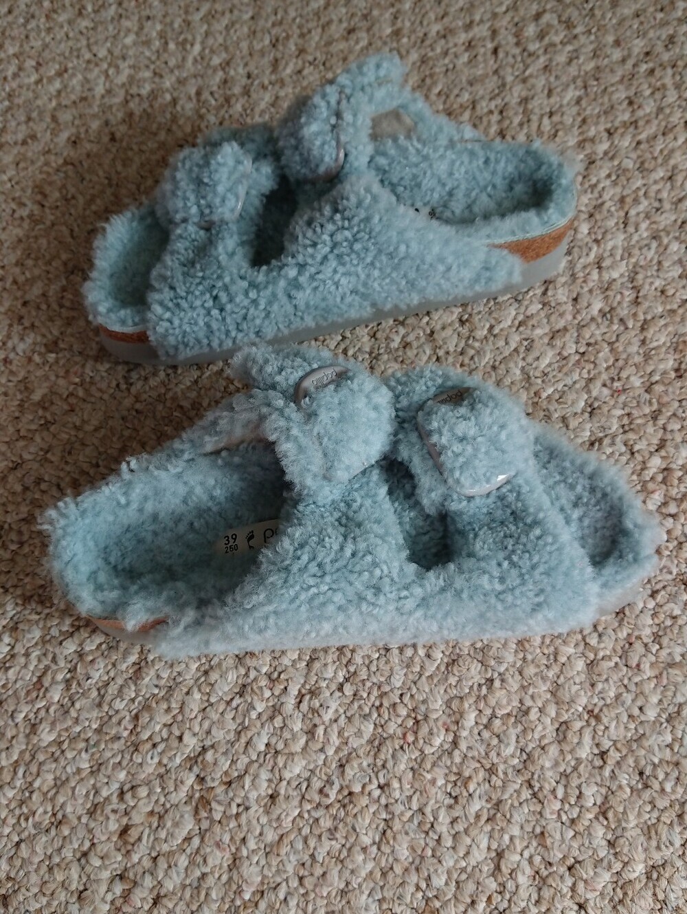 Birkenstock Papillio Buckle Shearling Platform Teddy Aqua blue Slide sz 8.5/250 - Picture 5 of 13
